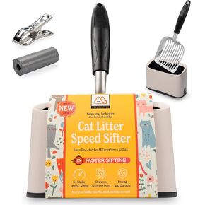 Heavy Duty Full Metal Cat Litter Scoop with Holder - Speed Sifter Litter Box Scooper Captures All Clumps - Kitty Litter Sifting Shovel Comfy Handle - Cat Scooper Includes Litter Bags & Non-Slide Clip