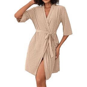 Ekouaer Robes for Women Swiss Dot Knit Bathrobe Soft Knee Length Kimono Robe 3/4 Sleeve Lightweight Sleepwear with Pockets