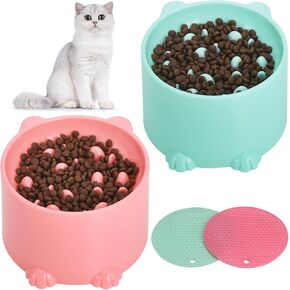 2 Pcs Raised Slow Feeder Cat Bowl, Plastic Elevated Cat Slow Feeder Bowl with Anti-Skid Mat, Raised Slow Cat Feeder for Dry and Wet Food (Green＆Pink)