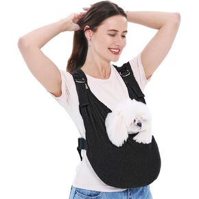 Supet Dog Carrier Sling for Small Dogs, Anti-Anxiety Cat Sling Carrier Chest, Hands-Free Front Facing Puppy Sling, Adjustable Soft Cotton Swaddle Wrap, Reducing Back Neck Pain(Regular, Black)
