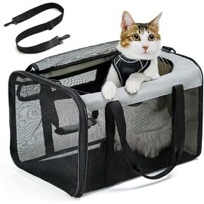 Cat Carrier Bag,Soft-Sided Pet Carriers for Dogs with 4-Sided Mesh,Airline Approved Cat Transport Carrier for Small&Medium Cats Kitten Puppy Up to 15Lb,Collapsible Cat Travel Carrier-M,Black