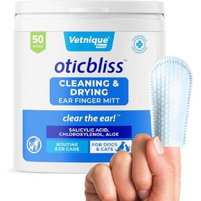 Vetnique Oticbliss Ear Finger Wipes for Dogs & Cats Dual-Sided Cleaning Dog Ear Wipes for Odor Control, Dirt & Wax Removal with Soothing Aloe, Salicylic Acid & Aloe Vera, 50ct