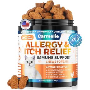 Cat Allergy Relief Chews 200 pcs - Cat Itchy Skin & Paw Licking Relief - Omega 3 & Probiotic for Cats - Anti-Itch Relief for Skin & Coat Health, Immune Support, Seasonal Allergies - Chicken Flavor