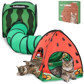 3-in-1 Watermelon Cat Play Tunnel with Pop-Up Cube & Triangle Cat Tent, Interactive Toy Ball & Foldable Design - Easy Magic Tape Assembly Tunnels for Indoor Cats