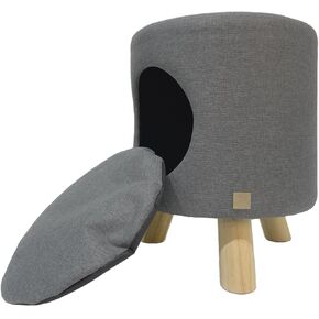 4 Cats & Dogs Wallie Stool - Plush Polyester Pet Stool with Wooden Legs, Cozy Hideaway for Cats & Small Dogs, Multipurpose Footstool & Seat, Modern Minimalist Design for Home & Office - Dark Grey