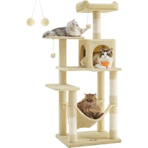 Feandrea Cat Tree, 61-Inch Cat Tower for Indoor Cats, Plush Multi-Level Cat Condo with 5 Scratching Posts, 2 Perches, 2 Caves, Hammock, 2 Pompoms, Light Gray UPCT192W01