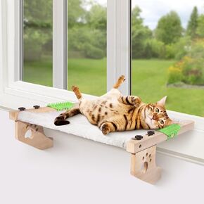 Cat Window Perch, Window Bed for Indoor Cats, Hammock Window Seat with Self Groomer, Wood & Metal Frame, Easy to Adjust & Assemble Cat Windowsill Perch(Medium)