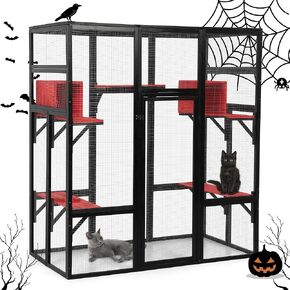 71Inches Large Wood Catio Outdoor Cat Enclosure with Perches and Condos, Cat House Indoor with Waterproof Roof, Cat Shelter 7 Platforms & 2 Resting Box, UV Resistant (Grey)