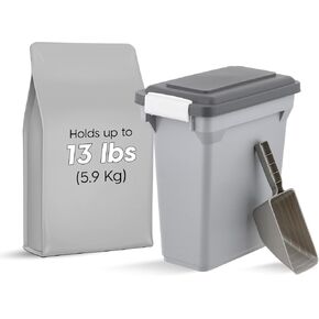 IRIS USA Dog Food Storage Container, Airtight Lid, 2-Cup Scoop, Up to 13 Pounds Pet Food Storage, Versatile Pet Food Bin, Treats, BPA Free, Gray/Dark Gray