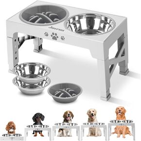 Elevated Dog Bowls, Dog Feeder with 2 Stainless Steel Dishes &1 Slow Feeder Bowl, 5 Heights Adjustable Raised Stand for Medium Large, Food Dishes with Non-Slip Feet