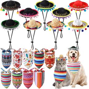18 Pcs Mexican Dog Costume Cinco De Mayo Sombrero Straw Hats with Felt POM Ball and Colorful Stripe Dog Bandana Adjustable Fiesta Head Bopper Accessories for Cats Dogs Party Decoration