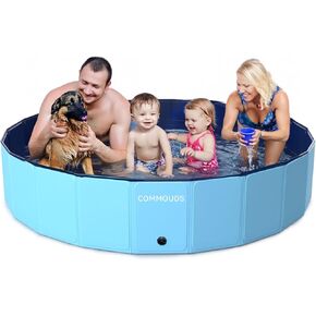 COMMOUDS Foldable Dog Pool, Collapsible Hard Plastic Dog Kiddie Swimming Pool, Portable Pet Bath Tub Wading Pools for Kids and Puppy Small Medium Large Dogs(63inch.D x 12inch.H)