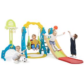 6 in 1 Toddlers Slide and Swing Playset for Children Age 3-12, Freestanding Kids Slide Climber Playset Indoor Outdoor Playground with Basketball Hoop and Football Gate