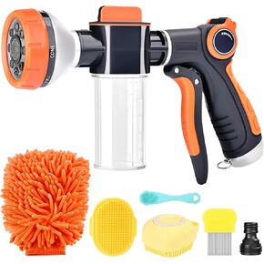 Upgrade Dog Washing Hose Attachment, 8 Way Spray Pattern Garden Hose Nozzle with Soap Dispenser, Dog Wash Supplies with 2 type Dog Bath Brush, Dog Comb and Toothbursh, Car Washing Mitt