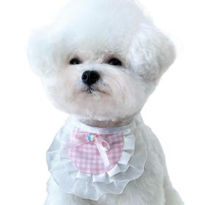 Adjustable Dog Bandana with Elegant Plaid Lace Trim, Colorful Heart Pendant, and Stylish Bowknot (Pink, 5 inches - 21 inches)