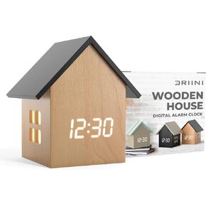 Driini Digital House-Shaped Alarm Clock with Temperature Display (Light Wood) – Modern Aesthetic - Cute Cube Frame and White LED Dimmer - Perfect Small Desk Clock for Bedside Table or Bedroom Mantle