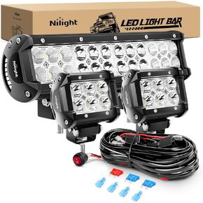 Nilight ZH016 12 Inch 72W Spot Combo Bar 2PCS 4 Inch 18W Flood LED Fog Lights with Off Road Wiring Harness- 2 Leads, 2 Years Warranty , White