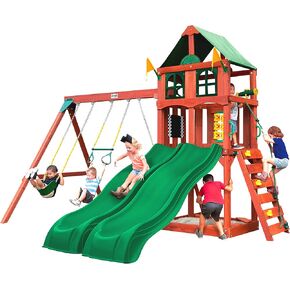 Gorilla Playsets 01-1057 Playmaker Deluxe Wooden Swing Set with Vinyl Canopy Roof, Dual Wave Slides, and Rock Climbing Wall, Redwood Stained Cedar