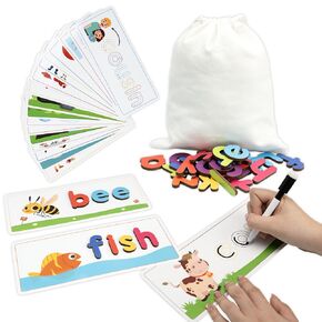 CVC Flashcards ، لعبة تكتب ومباراة قابلة لإعادة الاستخدام للأطفال 3-6 ، بطاقات الأبجدية مغلفة مع رسائل خشبية وعلامة محو جاف ، Montessori Learning Toy