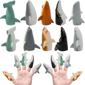 Kiddie Play Finger Puppets for Kids, 10 pc Sharks Puppets Rubber Set for Story Time and Bath Toys
