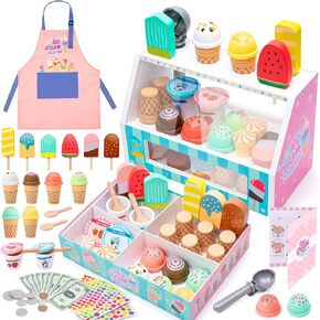 Meland Ice Cream Toy - Wooden Ice Cream Play Set with Aprons, Pretend Play Toys with Play Food, Wooden Play Store Toys for Toddlers, Kids Toys & Gift for Girls Boys Age 3 4 5 6 7 Years Old
