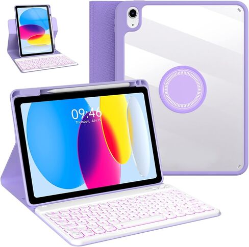 OYEEICE for iPad 10th Generation Case with Keyboard 10.9 Inch - 7 Color Backlit Wireless Detachable Folio Keyboard Cover with Pencil Holder for New iPad 10th Gen 2022 - Purple in Saudi Arabia