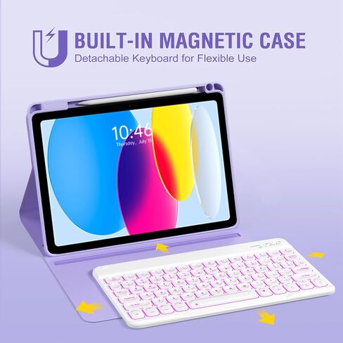 OYEEICE for iPad 10th Generation Case with Keyboard 10.9 Inch - 7 Color Backlit Wireless Detachable Folio Keyboard Cover with Pencil Holder for New iPad 10th Gen 2022 - Purple in Saudi Arabia