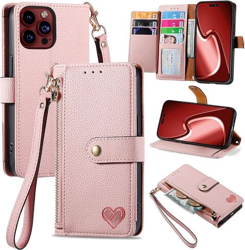 Cases for iPhone 15 Pro Wallet Case for Women with Card Holder Retro Zipper Wallet Cute Heart PU Leather Protective Cover with Detachable Lanyard for Apple iPhone 15 Pro 6.1" Black in Saudi Arabia