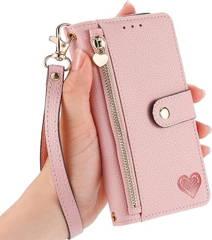 Cases for iPhone 15 Pro Wallet Case for Women with Card Holder Retro Zipper Wallet Cute Heart PU Leather Protective Cover with Detachable Lanyard for Apple iPhone 15 Pro 6.1" Black in Saudi Arabia