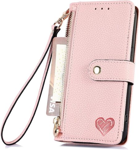 Cases for iPhone 15 Pro Wallet Case for Women with Card Holder Retro Zipper Wallet Cute Heart PU Leather Protective Cover with Detachable Lanyard for Apple iPhone 15 Pro 6.1" Black in Saudi Arabia