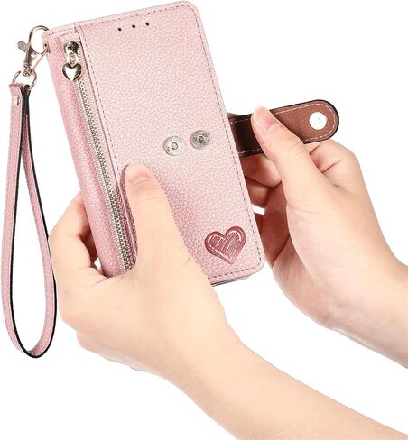 Cases for iPhone 15 Pro Wallet Case for Women with Card Holder Retro Zipper Wallet Cute Heart PU Leather Protective Cover with Detachable Lanyard for Apple iPhone 15 Pro 6.1" Black in Saudi Arabia