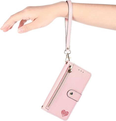 Cases for iPhone 15 Pro Wallet Case for Women with Card Holder Retro Zipper Wallet Cute Heart PU Leather Protective Cover with Detachable Lanyard for Apple iPhone 15 Pro 6.1" Black in Saudi Arabia