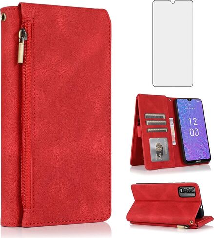 Asuwish Compatible with Nokia C210 TA-1584 Wallet Case Tempered Glass Screen Protector and Zipper Wrist Strap Retro Leather Flip Cover Card Holder Stand Cell Accessories for C 210 Women Rose Gold in Saudi Arabia