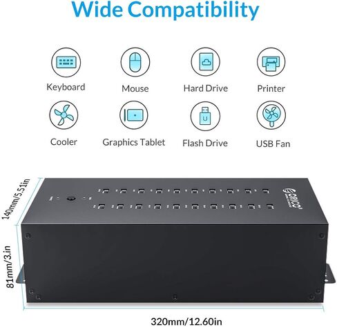 Orico 30-Port من الدرجة الصناعية USB 2.0 HUB مع إمدادات الطاقة 300W ، محطة شحن ذكية ، جدار/رف قابلة للتركيب ، علبة معدنية كاملة للمكاتب وورش العمل والمختبرات in Kuwait