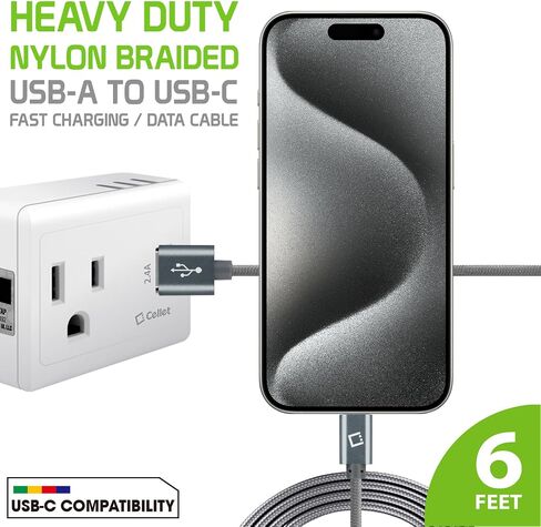 Cellet Heavy Duty Braided USB-C Charging Cable and Data Cable, Compatible with Apple iPhone 15, Samsung Galaxy Smartphones, Google Pixel, Moto Series Phones with Type-C (10-Feet, Black) in Saudi Arabia