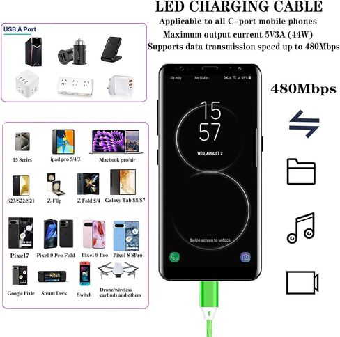 USB C Cable, 3A LED Light Up Fast Charger Charging Cords Type C Cable Compatible with iPhone 15 Pro Samsung Galaxy S21 S20 S10 S10E S9 S8 Plus Note 20 10 9 8, LG G8 and More (Blue, 2m/6.5ft) in Saudi Arabia