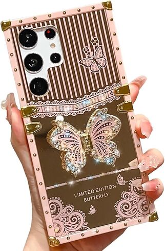 Cute Compatible with iPhone 14 Pro Max Case with Luxury Bling Glitter Butterfly Foldable Stand Kickstand,Glitter Soft PC Mirror Bumper Protective Cover for Women & Girls(Light Gold) in Saudi Arabia