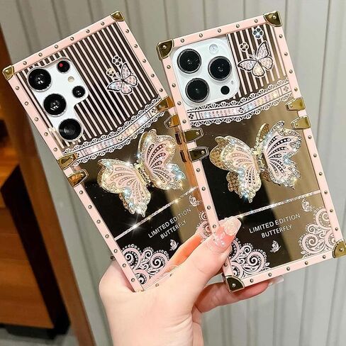Cute Compatible with iPhone 14 Pro Max Case with Luxury Bling Glitter Butterfly Foldable Stand Kickstand,Glitter Soft PC Mirror Bumper Protective Cover for Women & Girls(Light Gold) in Saudi Arabia