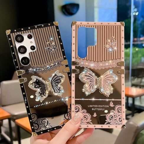 Cute Compatible with iPhone 14 Pro Max Case with Luxury Bling Glitter Butterfly Foldable Stand Kickstand,Glitter Soft PC Mirror Bumper Protective Cover for Women & Girls(Light Gold) in Saudi Arabia