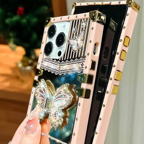 Cute Compatible with iPhone 14 Pro Max Case with Luxury Bling Glitter Butterfly Foldable Stand Kickstand,Glitter Soft PC Mirror Bumper Protective Cover for Women & Girls(Light Gold) in Saudi Arabia