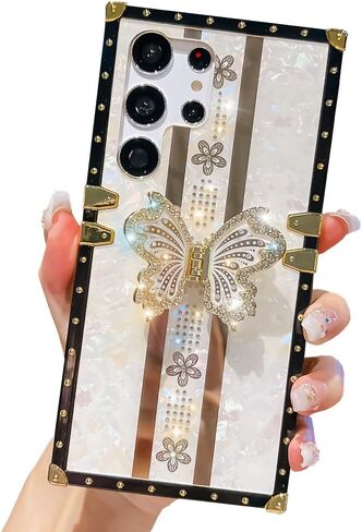 Cute Compatible with iPhone 14 Pro Max Case with Luxury Bling Glitter Butterfly Foldable Stand Kickstand,Glitter Soft PC Mirror Bumper Protective Cover for Women & Girls(Light Gold) in Saudi Arabia