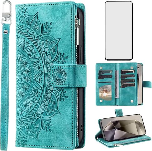 Phone Case for Samsung Galaxy S24 Ultra 5G Wallet Cover With Tempered Glass Screen Protector and Wrist Strap Mandala Flower Flip Zipper Card Holder Cell S24Ultra 24S S 24 24Ultra Women Men Grey in Kuwait