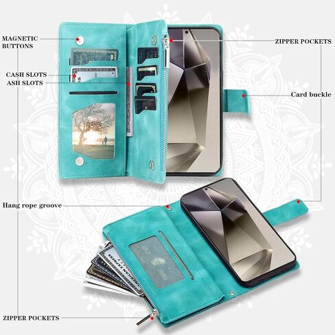 Phone Case for Samsung Galaxy S24 Ultra 5G Wallet Cover With Tempered Glass Screen Protector and Wrist Strap Mandala Flower Flip Zipper Card Holder Cell S24Ultra 24S S 24 24Ultra Women Men Grey in Kuwait