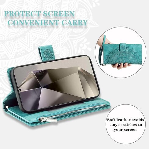 Phone Case for Samsung Galaxy S24 Ultra 5G Wallet Cover With Tempered Glass Screen Protector and Wrist Strap Mandala Flower Flip Zipper Card Holder Cell S24Ultra 24S S 24 24Ultra Women Men Grey in Kuwait