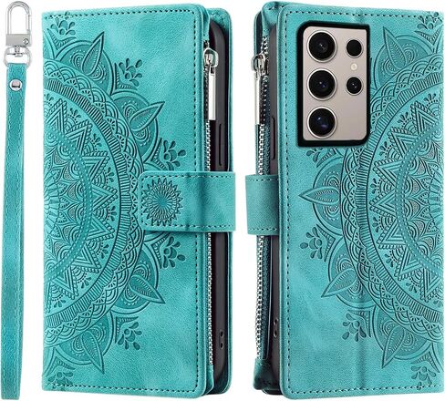 Phone Case for Samsung Galaxy S24 Ultra 5G Wallet Cover With Tempered Glass Screen Protector and Wrist Strap Mandala Flower Flip Zipper Card Holder Cell S24Ultra 24S S 24 24Ultra Women Men Grey in Kuwait