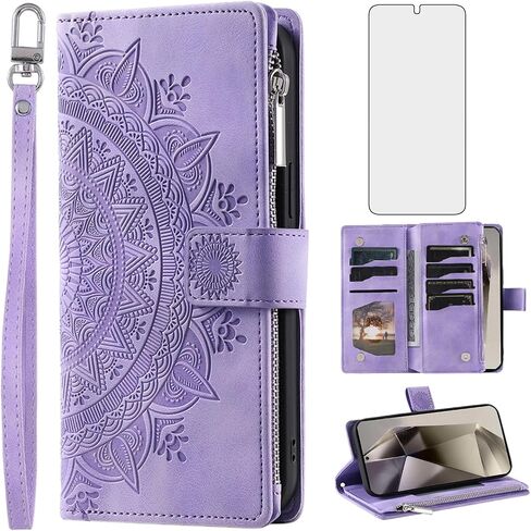 Phone Case for Samsung Galaxy S24 Ultra 5G Wallet Cover With Tempered Glass Screen Protector and Wrist Strap Mandala Flower Flip Zipper Card Holder Cell S24Ultra 24S S 24 24Ultra Women Men Grey in Kuwait