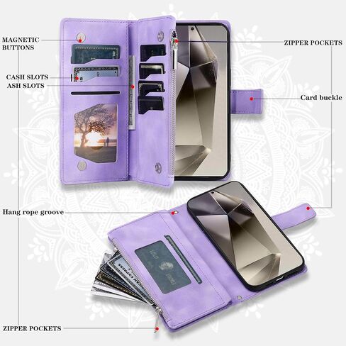 Phone Case for Samsung Galaxy S24 Ultra 5G Wallet Cover With Tempered Glass Screen Protector and Wrist Strap Mandala Flower Flip Zipper Card Holder Cell S24Ultra 24S S 24 24Ultra Women Men Grey in Kuwait