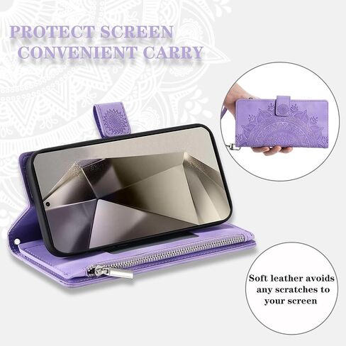 Phone Case for Samsung Galaxy S24 Ultra 5G Wallet Cover With Tempered Glass Screen Protector and Wrist Strap Mandala Flower Flip Zipper Card Holder Cell S24Ultra 24S S 24 24Ultra Women Men Grey in Kuwait