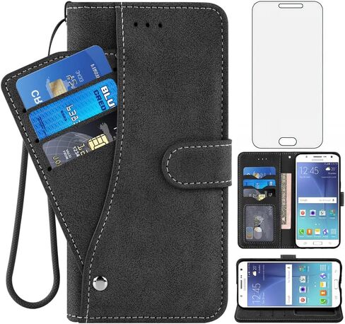 Compatible with Samsung Galaxy J7 2015/J7 Neo/J7 Nxt/J7 Core/7J Duos Wallet Case and Tempered Glass Screen Protector Flip Credit Card Holder Cell Phone Cover for SM J700 J700P J700T J00T1 J700M Purple in Kuwait