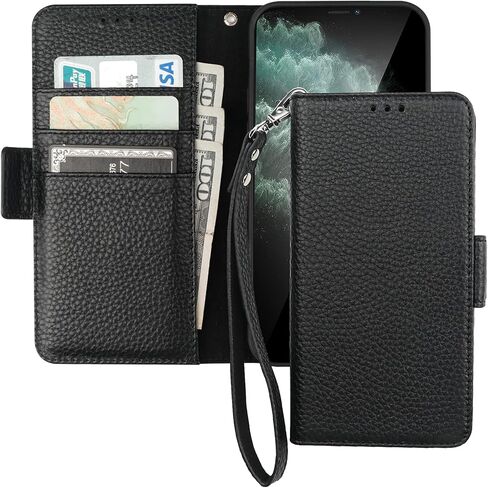 Bocasal Wallet Case for iPhone 11, Genuine Leather Support Wireless Charging RFID Blocking Flip Case Card Slots Holder, Kickstand Book Folding Folio Cover with Wrist Strap 6.1 Inch (Dark Blue) in Saudi Arabia